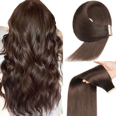 YDDM Tape-In Human Hair Extensions, 20 Pieces, 18 in (45 cm), 40 g, Dark Brown, Remy, Invisible Tape, Straight, 2#