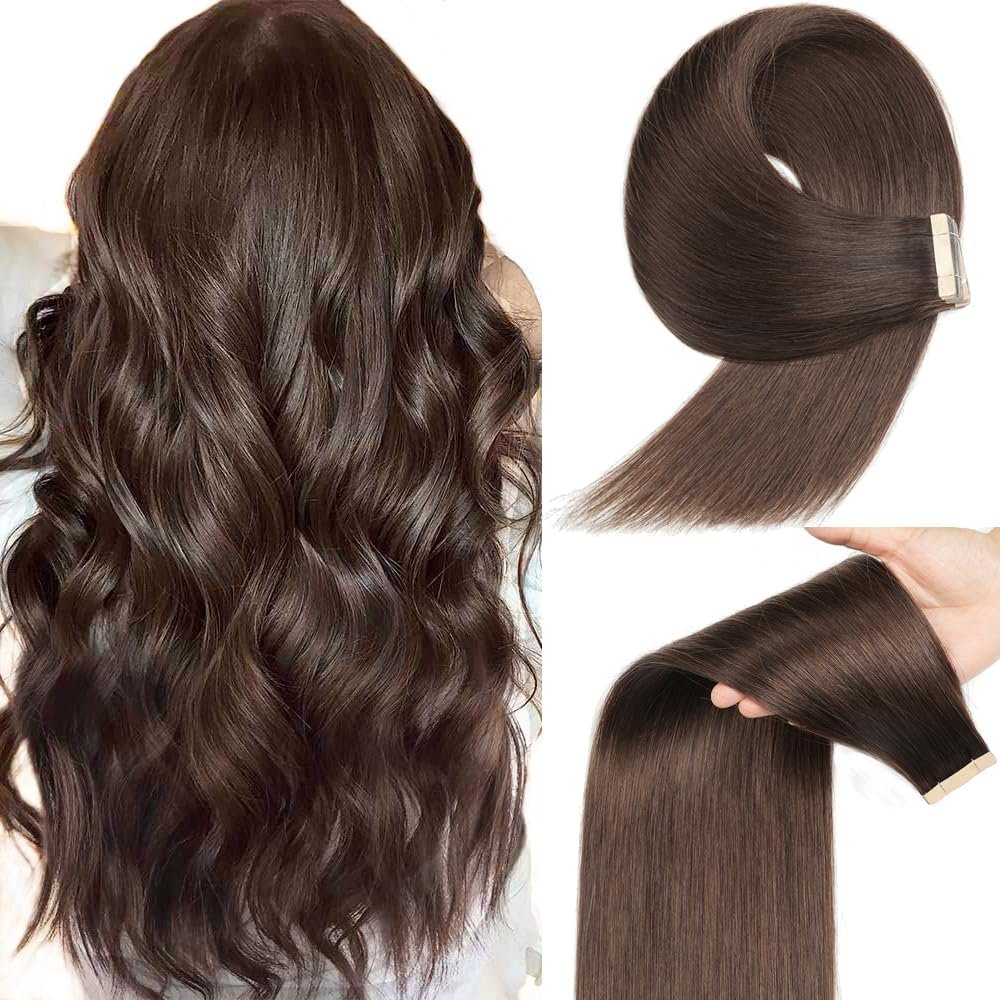 YDDM Tape-In Human Hair Extensions, 20 Pieces, 18 in (45 cm), 40 g, Dark Brown, Remy, Invisible Tape, Straight, 2#