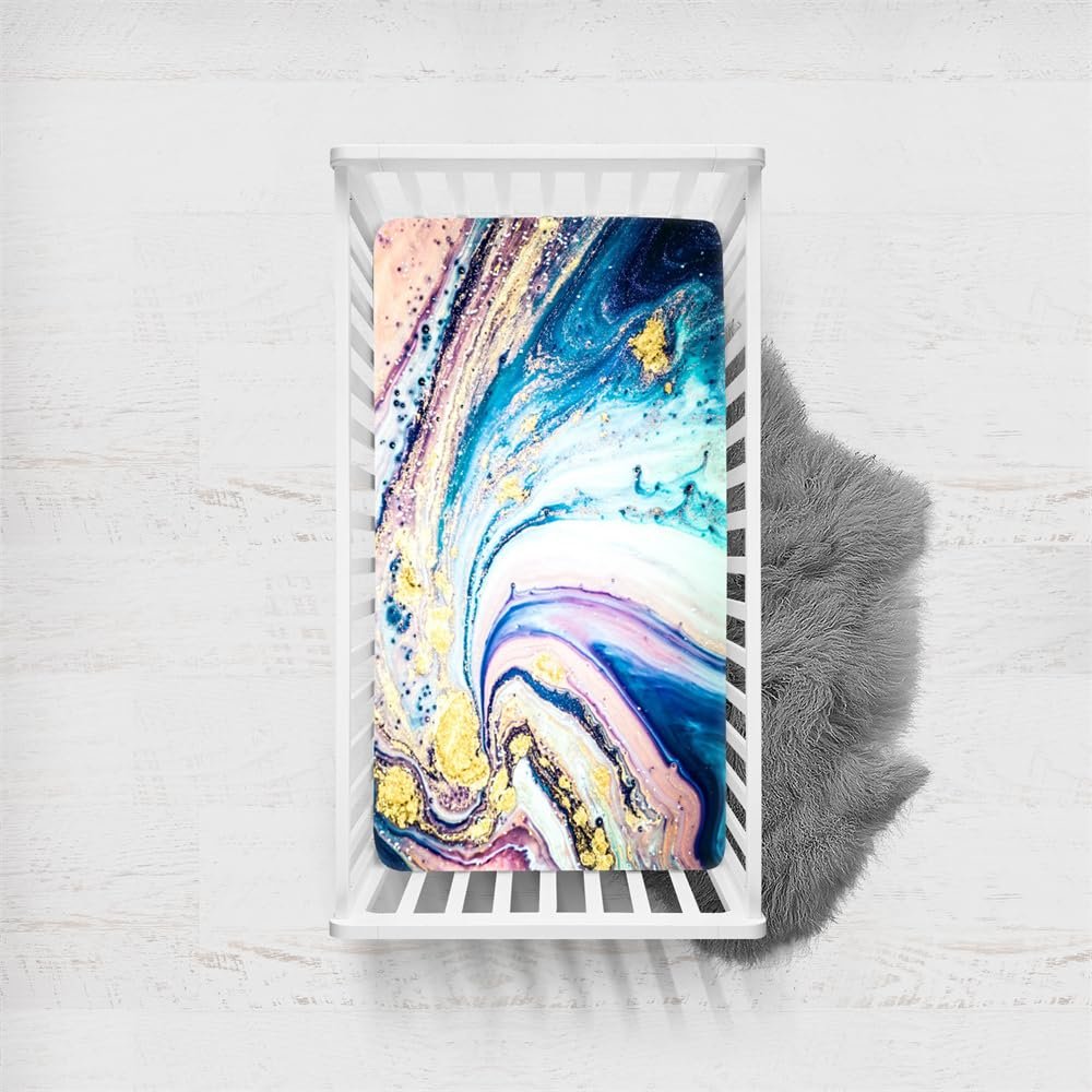 Odot Fitted Sheet for Crib and Toddler Mattresses, Abstract Colorful Pattern, Microfiber with Elastic Band, Gold, 80 x 160 cm