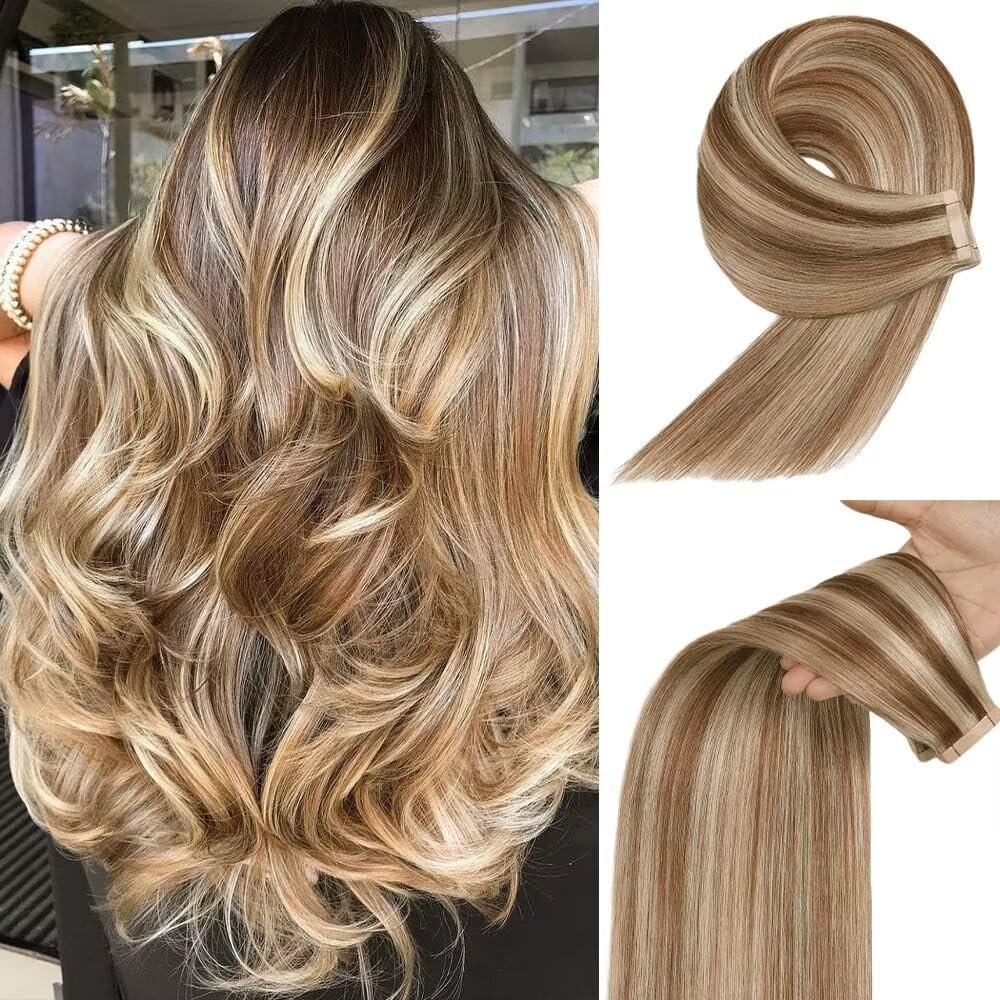 YDDM Tape-In Human Hair Extensions, Golden Brown Balayage, 20 Pieces, 60 cm, 50 g, Remy, P6/613#