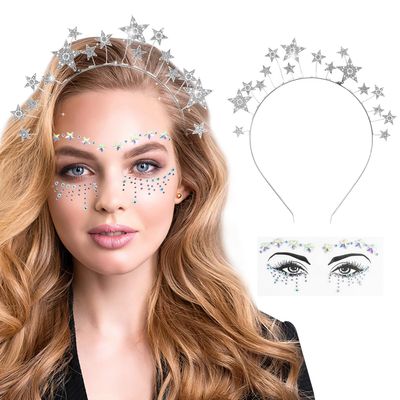 Silver Star Headband with Face Tattoo Stickers