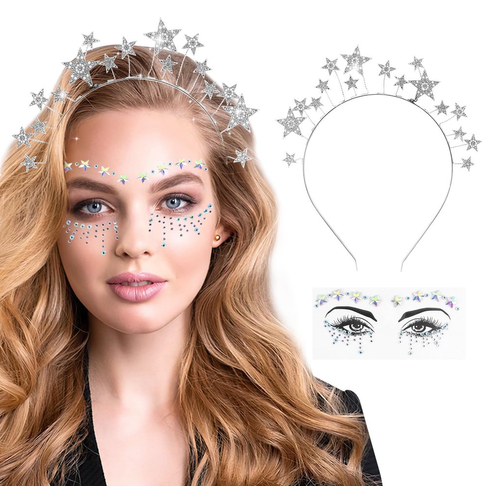 Silver Star Headband with Face Tattoo Stickers
