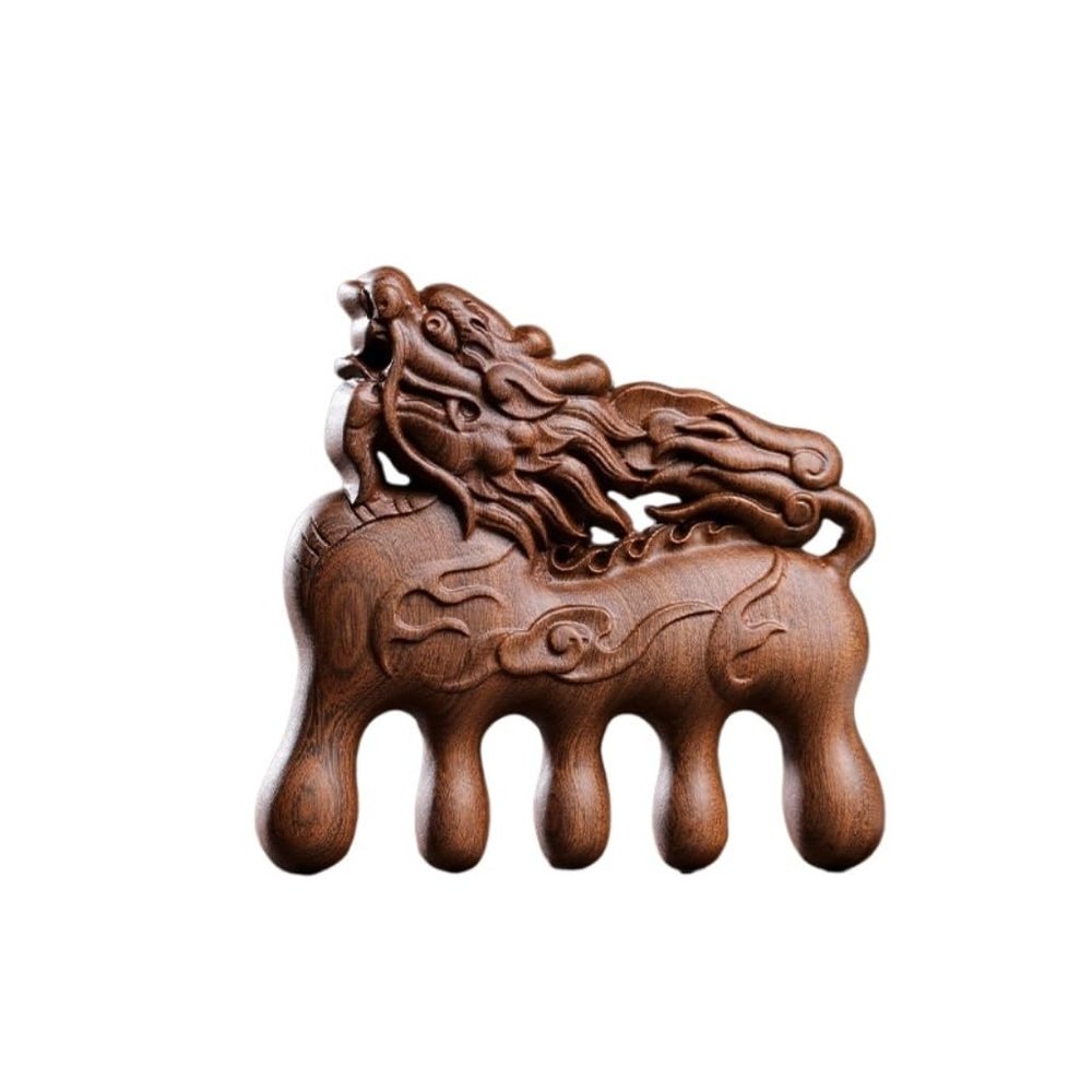 Kirin Carved Wide-Tooth Five-Prong Meridian Wooden Massage Comb