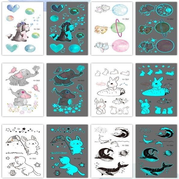 Blue Glow-in-the-Dark Tattoo Sticker, Waterproof Cute Animal Tattoo
