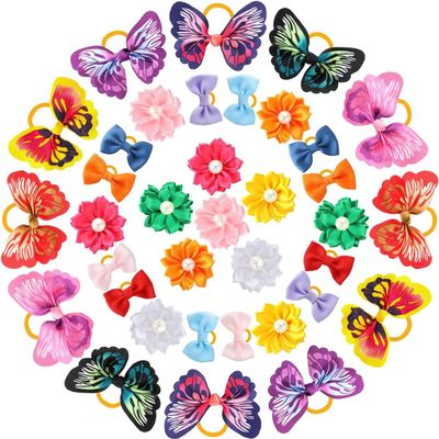 50-Piece Dog Hair Bows with Elastic Bands, Butterfly and Dog Designs