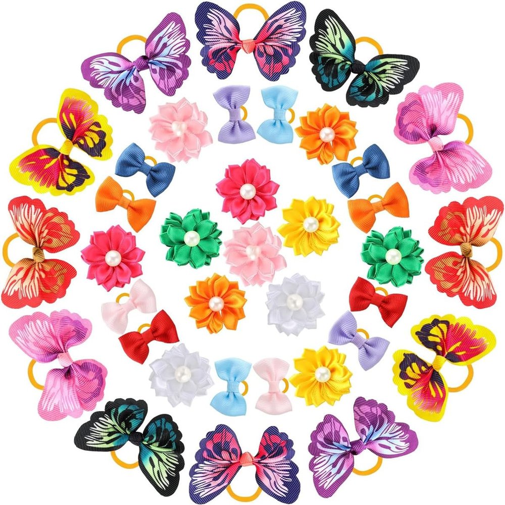 50-Piece Dog Hair Bows with Elastic Bands, Butterfly and Dog Designs