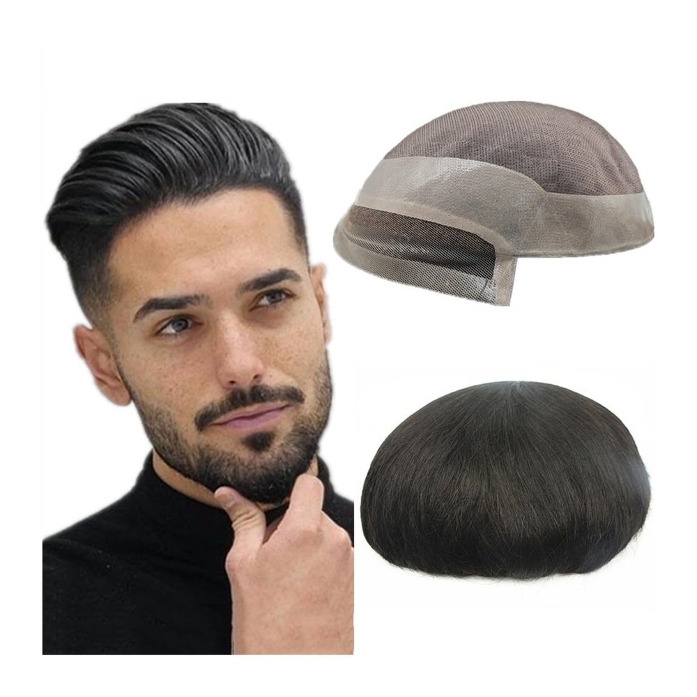 Men’s Hair Replacement Toupee, Fine Mono with Poly-PU Base, European Human Hair, #1B Off-Black, 6 in