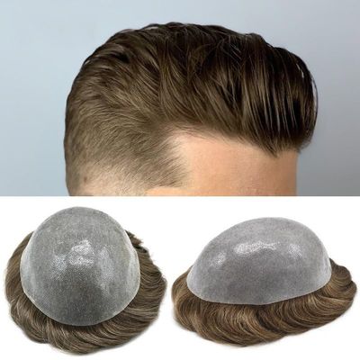 Men's Toupee with Thin-Skin V-Loop PU Base, Wavy Human Hair