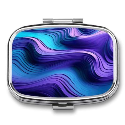 YJWANDL Pill Case with Wavy Purple Print, 2 Compartments, Decorative Metal Pill Box for Purse or Wallet