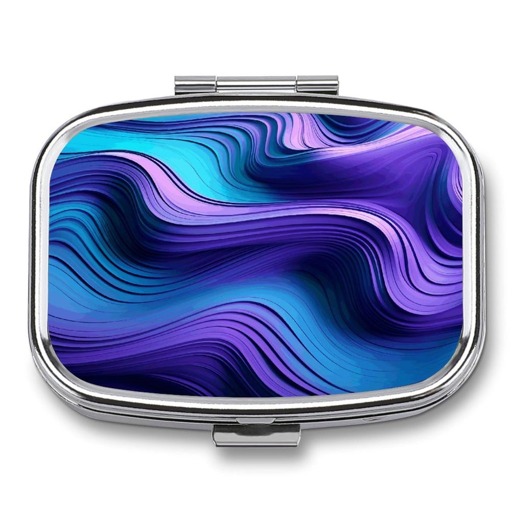 YJWANDL Pill Case with Wavy Purple Print, 2 Compartments, Decorative Metal Pill Box for Purse or Wallet