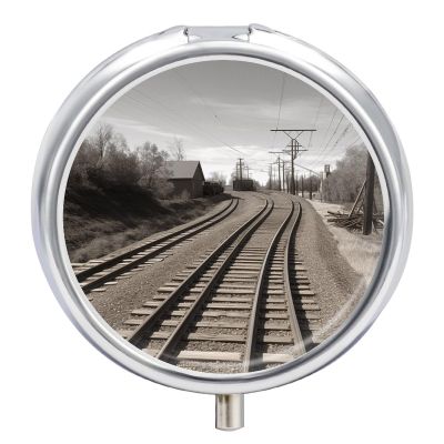 YJWANDL Round Pill Case with Train-Track Print, 3 Compartments, Style 11