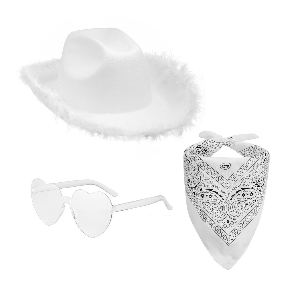 Niceyoeuk Cowgirl Hat Set with Feather Trim, Heart-Shaped Sunglasses and Scarf, 3 Pieces (White 01, One Size)