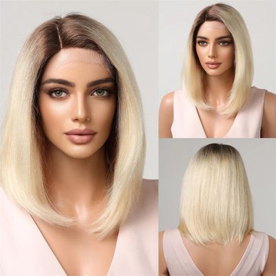 Straight Platinum Blonde Bob Lace Wig, Human Hair, Side Part
