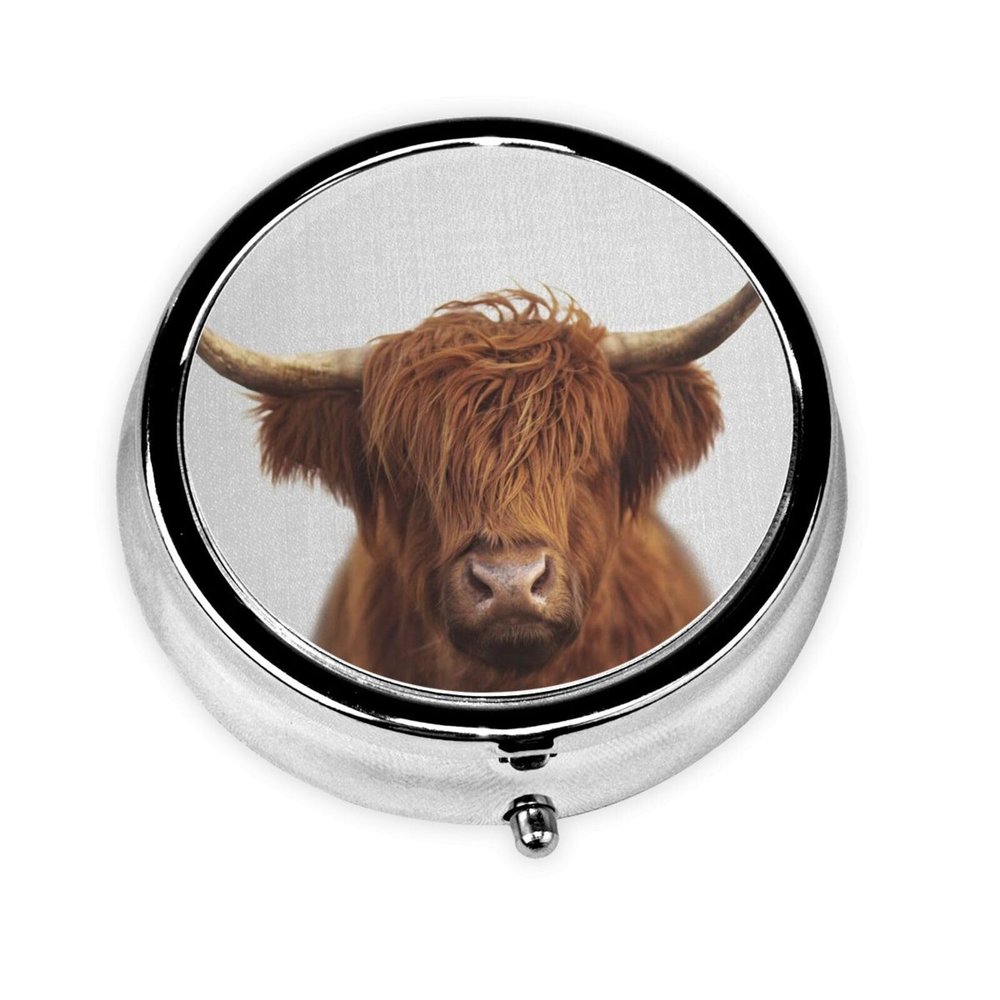 Colorful Highland Cow Pill Case, Round Pocket Pill Organizer for Handbags