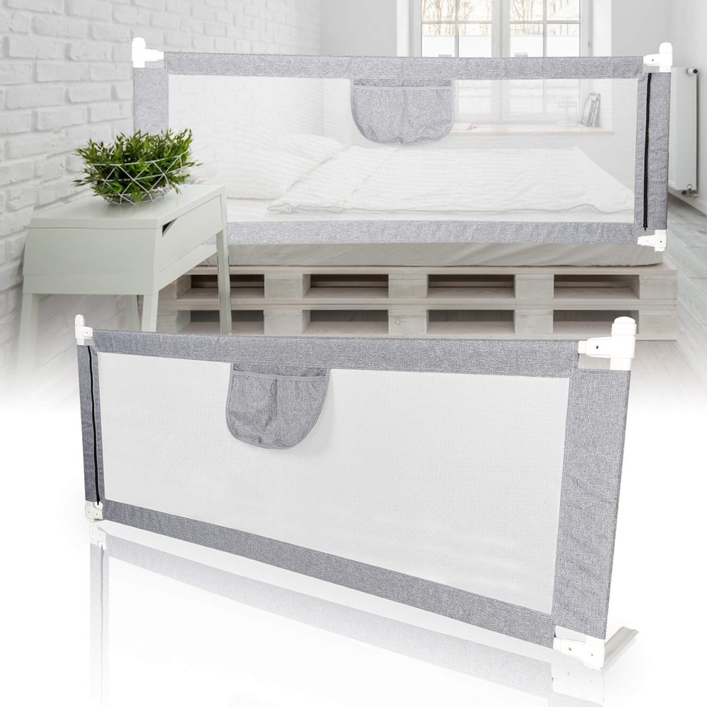 Fogmiea Bed Rail for Children, Fall Protection, Airy Mesh, Height-Adjustable, Gray, 180 x 80 cm (One Side)