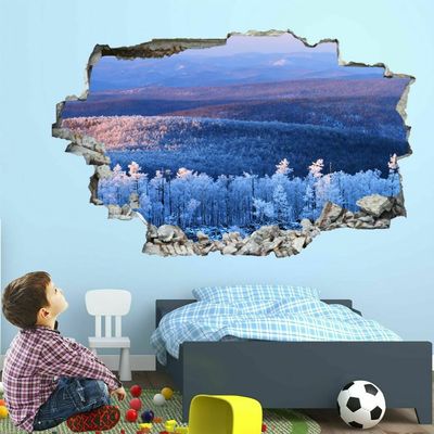 3D Wall Decal with Breakthrough Effect, Winter Snow Forest and Mountains, Removable Vinyl