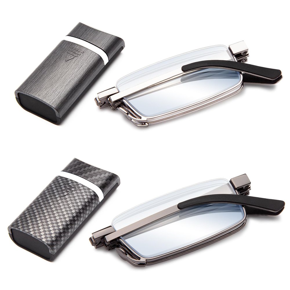 Amorays 2-Pair Foldable Metal Reading Glasses with Hard Case, Blue-Light Blocking, for Women and Men, 1166, Dark Gray + Light Gray, +1.75
