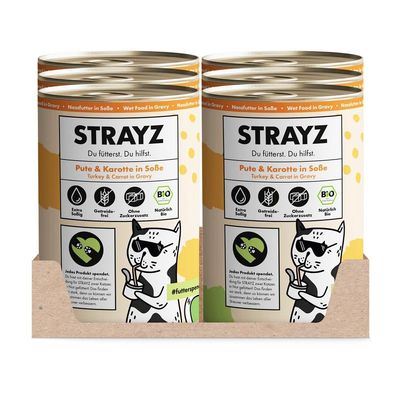 STRAYZ Organic Wet Cat Food in Gravy, Turkey & Carrot | 6 x 400 g Cans