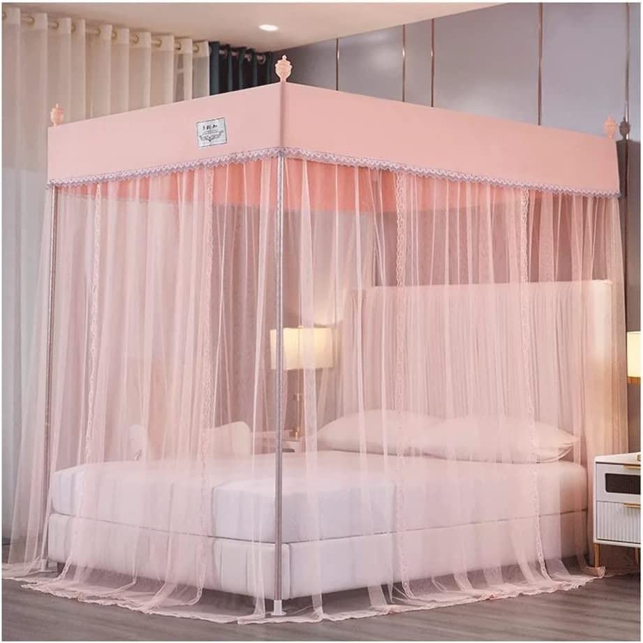Bed Canopy Mosquito Net with Metal Support, Decorative Bed Curtain for Single and Double Beds (Blue-2, 150 x 200 cm/59 x 79 in; Pink, 200 x 220 cm/79 x 87 in)