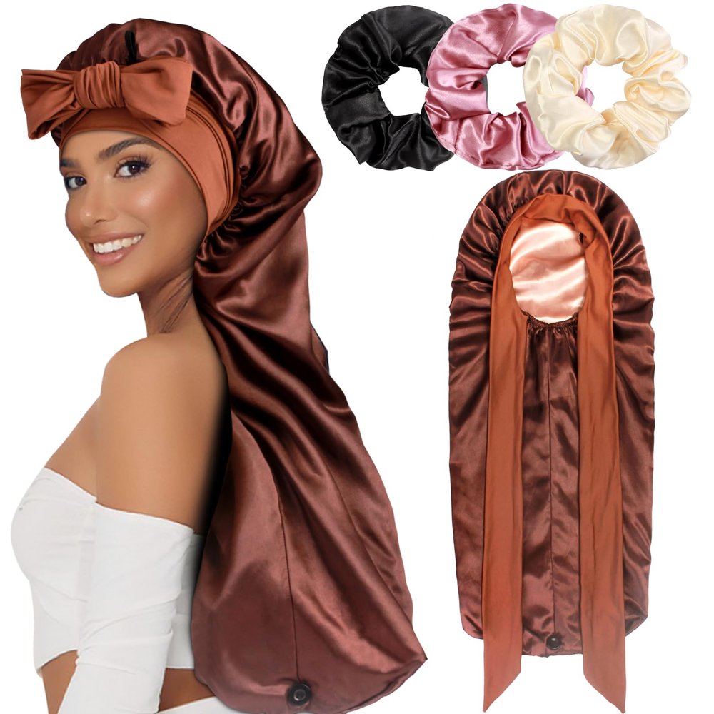 1 + 3 Long Satin Bonnets with Hair Ties for Women, Double-Layer, Large, Braided Bonnet with Tie, E-Coffee, One Size