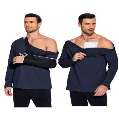 Deyeek Men's Post-Shoulder Surgery Shirts with Chemo Access, Snap Closures, Long Sleeves, Blue/Purple, XX-Large