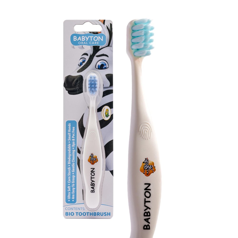 Babyton Organic Toothbrush for Babies, Zebra, Soft Bristles, Ergonomic Handle, Biodegradable Corn Cob Material