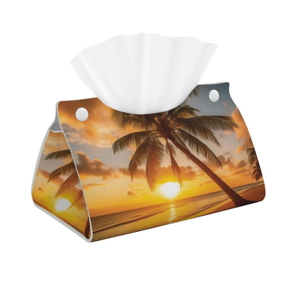Printed Tropical Beach Tissue Box Cover with Palm Tree and Sunset, Stylish Leather Tissue Holder for Home, Hotel, Car, and Office