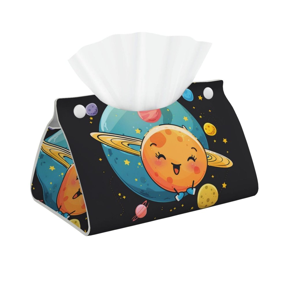 Cute Cartoon Planet-Print Tissue Box Cover, Stylish PVC Leather Tissue Holder for Home, Hotel, Car, and Office