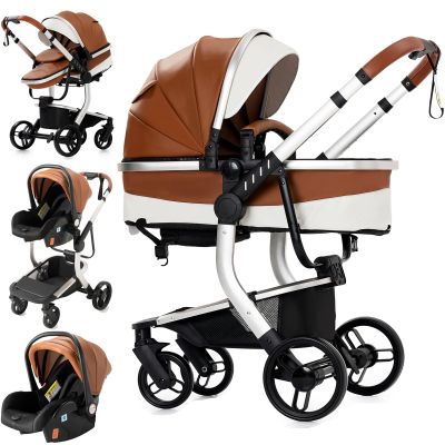 Reenborn PU Leather 3-in-1 Stroller, Reversible Seat, Aluminum Frame, One-Click Fold, High Landscape, 518 Khaki