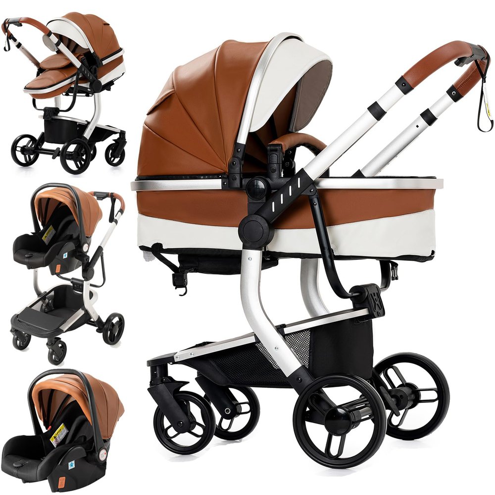 Reenborn PU Leather 3-in-1 Stroller, Reversible Seat, Aluminum Frame, One-Click Fold, High Landscape, 518 Khaki