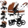 Reenborn PU Leather 3-in-1 Stroller, Reversible Seat, Aluminum Frame, One-Click Fold, High Landscape, 518 Khaki view 1