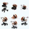 Reenborn PU Leather 3-in-1 Stroller, Reversible Seat, Aluminum Frame, One-Click Fold, High Landscape, 518 Khaki view 3
