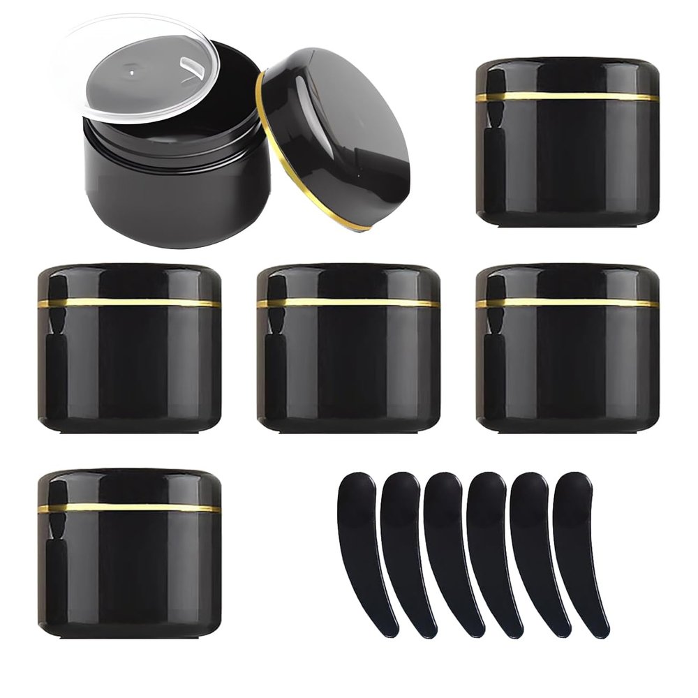 ZEOABSY 6-Pack 150 g Black Empty Cosmetic Jars with Gold Rim, 150 ml Plastic Cream Containers