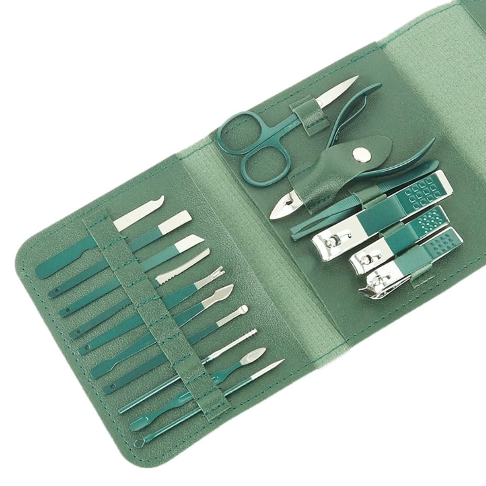 16-Piece Manicure and Pedicure Set, Nail Clippers and Care Tools, Malachite Green