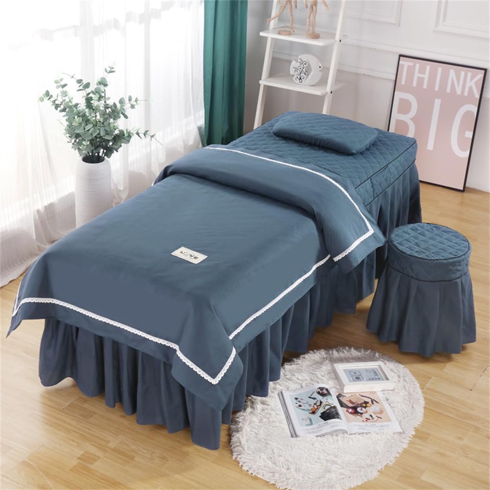 Surwin 4-Piece Massage Table Cover Set with Face Hole, Soft Breathable Covers for Beauty and Facial Salons, 180 x 60 cm, Navy Blue