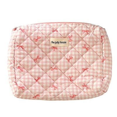 Kexpery Plaid Bow Travel Makeup Bag with Zipper, Quilted Cotton Cosmetic Organizer Case for Women (M, Pink)