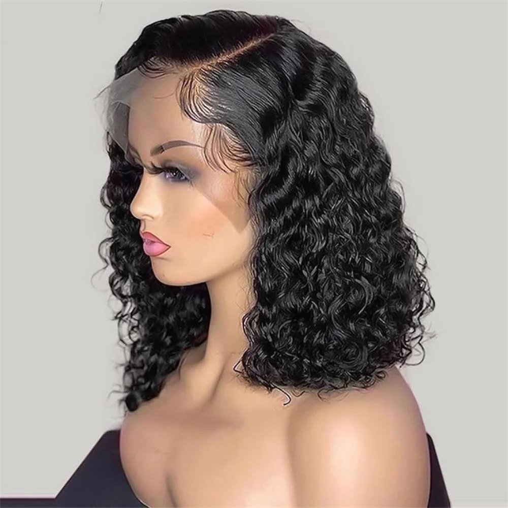 Short Bob Lace Front Human Hair Wig, Deep Wave, Glueless 4x4 Lace Closure, 16 in, 180