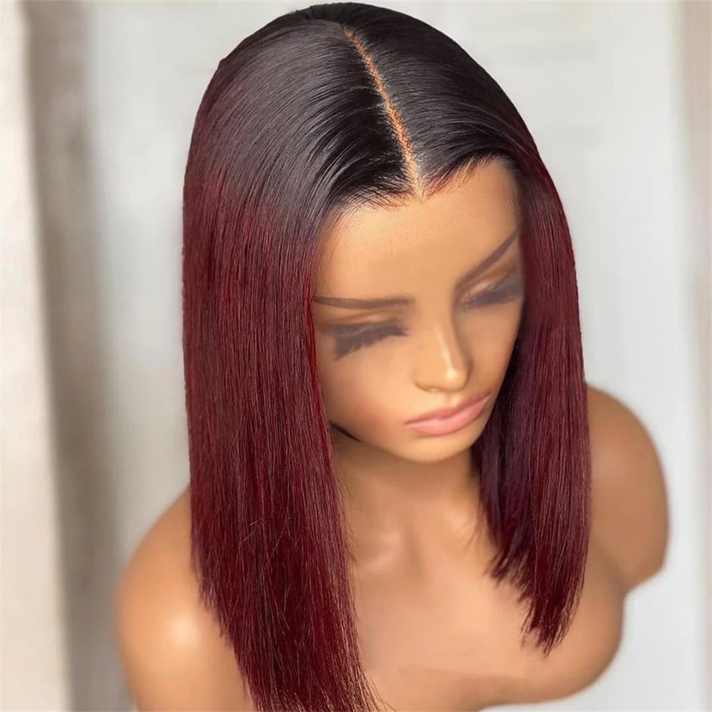 Ombre Straight Bob Lace Front Human Hair Wig for Women, Brazilian Remy Hair, Glueless, Burgundy, 13 × 6, 1# 16 Inch