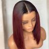 Ombre Straight Bob Lace Front Human Hair Wig for Women, Brazilian Remy Hair, Glueless, Burgundy, 13 × 6, 1# 16 Inch view 1