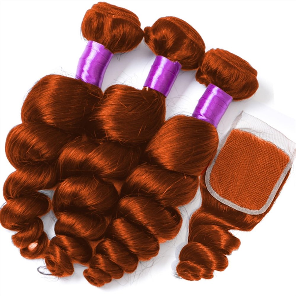 Brazilian Body Wave Human Hair Bundles with Lace Closure, Remy Hair, Ginger #350 (13 x 4 in, Color 24)