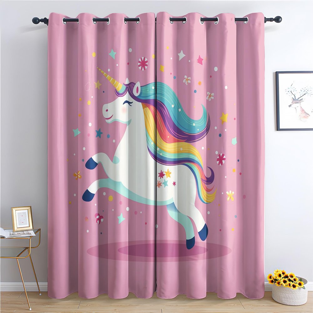Unicorn Curtains for Girls, Rainbow Blackout Thermal Curtains, 2-Pack, 245 x 140 cm