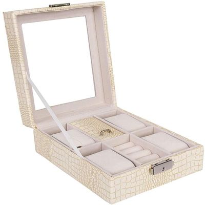 AJYBYUKJ Leather Jewelry Box, Lockable Organizer for Rings, Earrings, Necklaces and Bracelets, Beige