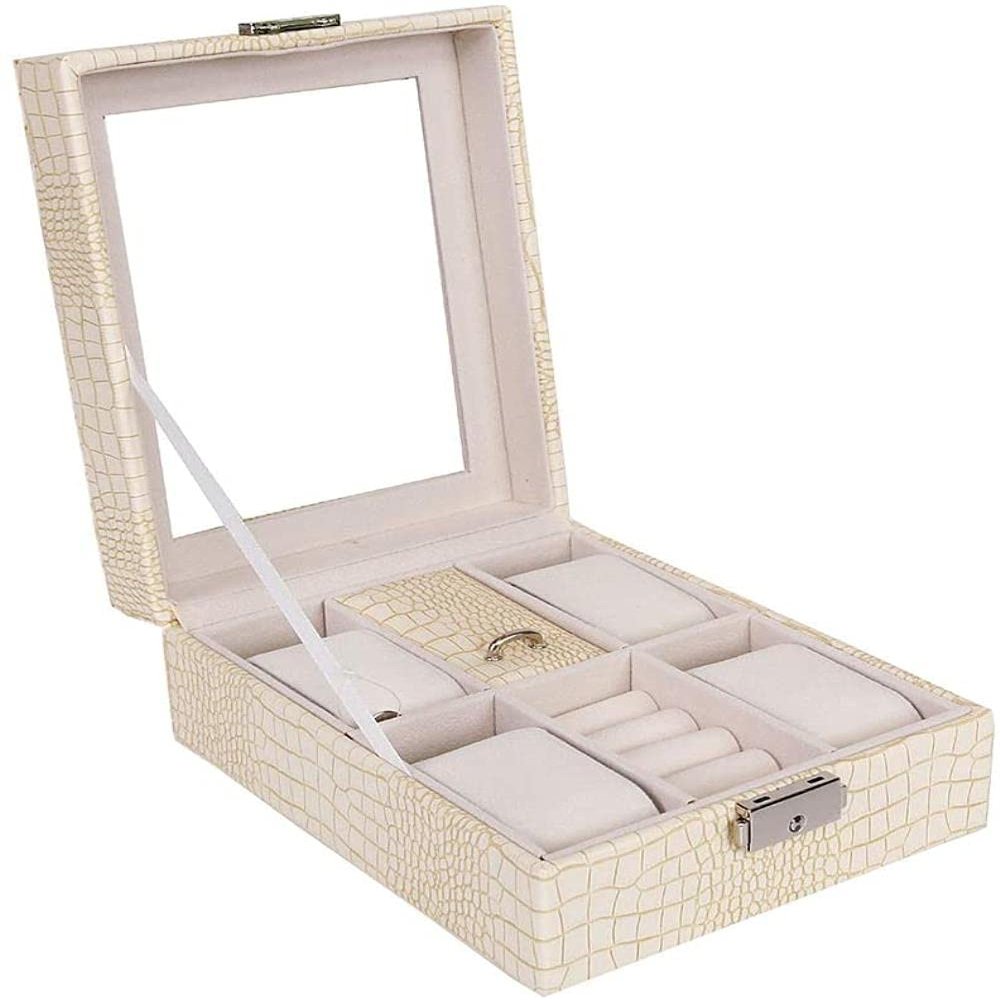 AJYBYUKJ Leather Jewelry Box, Lockable Organizer for Rings, Earrings, Necklaces and Bracelets, Beige