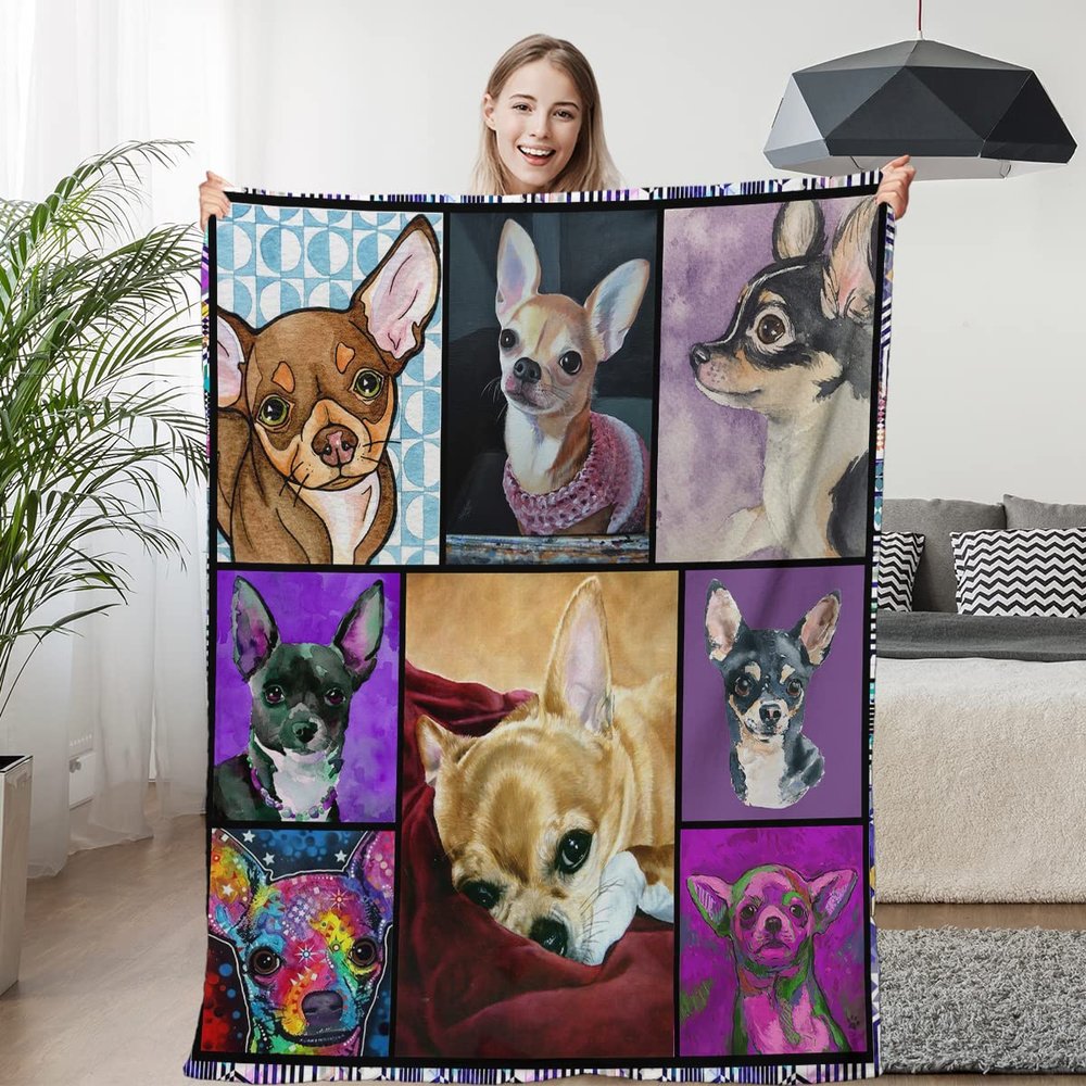 TradesForU Chihuahua Dog Flannel Blanket, Purple Watercolor Throw, Cute Animal Fleece Blanket for Teens, Girls, Women, Puppies and Pets, 152.4 x 203.2 cm