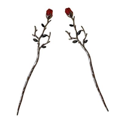 Metal Hair Sticks with Rose Flowers, 2-Piece Alloy Set, Elegant Retro
