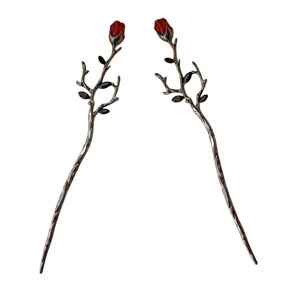 Metal Hair Sticks with Rose Flowers, 2-Piece Alloy Set, Elegant Retro