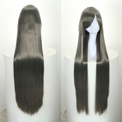 Anime Cosplay Wig, Long Straight Silver-Gray Hair, 80 cm, Side-Swept Bangs
