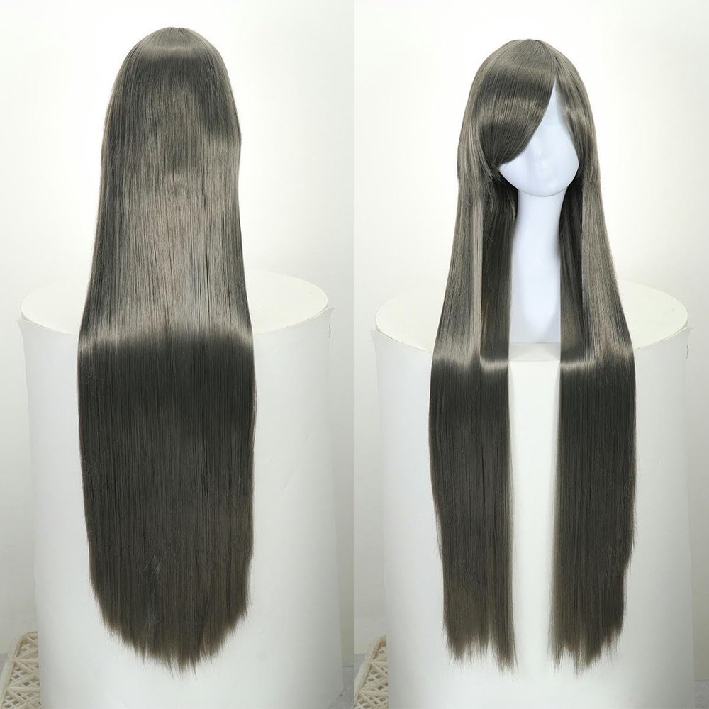 Anime Cosplay Wig, Long Straight Silver-Gray Hair, 80 cm, Side-Swept Bangs