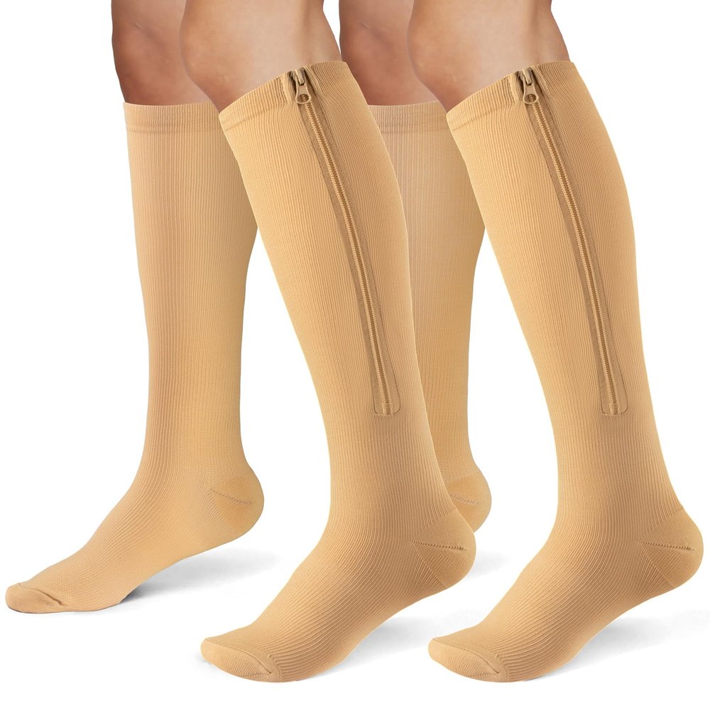 FOFLORA Zipper Compression Socks for Women and Men, 2 Pairs, 15–20 mmHg, Closed-Toe, Beige, S–M