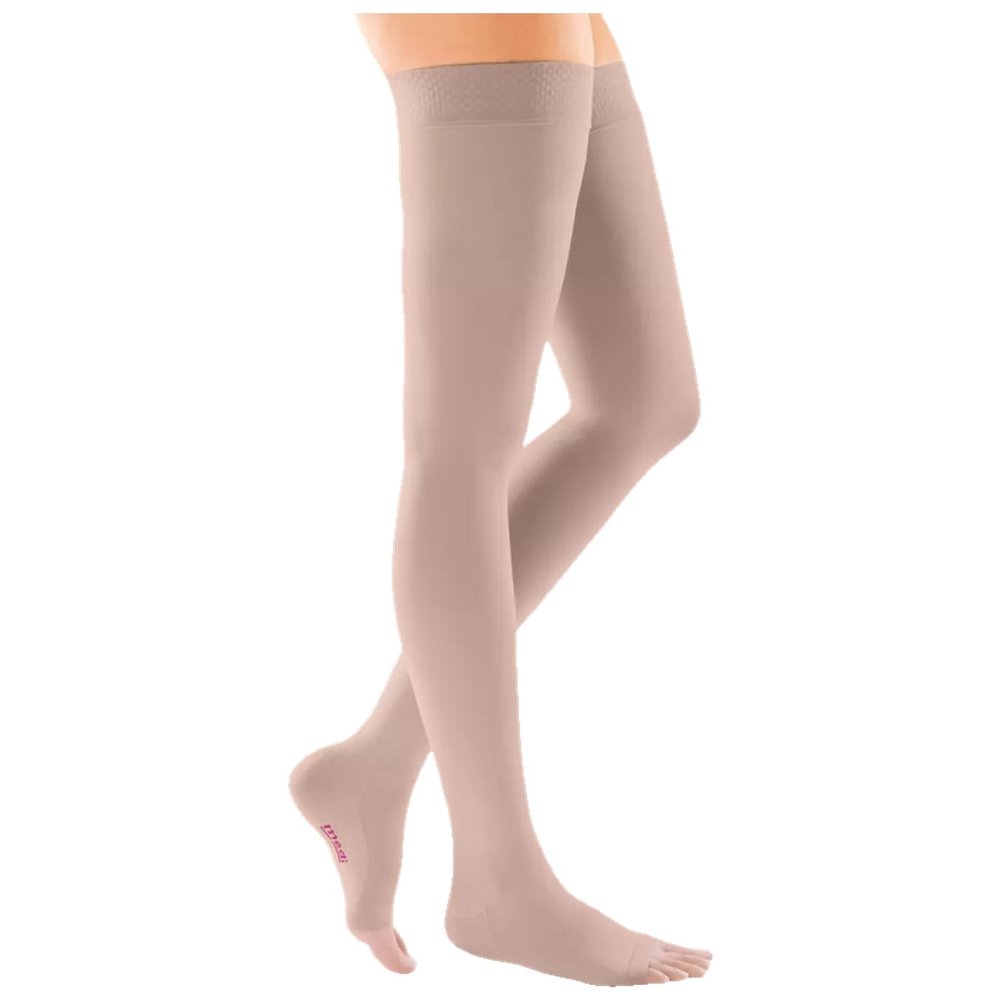 medi mediven comfort Thigh-High Compression Stockings | Class 2 | Size I | Cashmere | Open Toe | Regular | Rose Surface Adhesive Band | Comfort Sole & Lanolin
